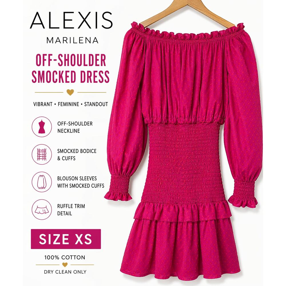 Alexis Marilena Off Shoulder Smocked Dress Fuchsia Polka Dot XS